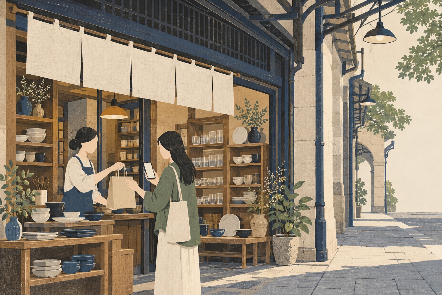 生活道具店門口，店員把紙袋遞給拿著手機的客人（插圖）